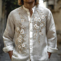 Spretix Premium White Floral Embroidered Mandarin Collar Shirt for Men | Full Sleeve Casual Linen Blend Shirt
