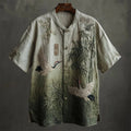 Spretix Premium Japanese Crane & Bamboo Embroidered Shirt for Men | Half Sleeve Mandarin Collar Casual Linen Blend Designer Shirt