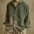 Spretix Premium Olive Green Japanese Landscape Embroidered Shirt for Men | Full Sleeve Casual Linen Blend Designer Shirt