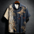 Spretix Premium Black Japanese Crane & Tropical Art Print Shirt for Men | Half Sleeve Casual Designer Linen Blend Shirt
