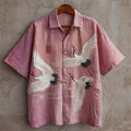 Spretix Premium Pink Japanese Crane Art Shirt for Men | Half Sleeve Casual Linen Blend Designer Shirt