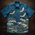 Spretix Premium Blue Japanese Crane & Ocean Wave Art Shirt for Men | Half Sleeve Casual Linen Blend Designer Resort Shirt