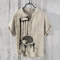 Spretix Premium Beige Zen Cat Art Shirt for Men | Half Sleeve Linen Blend Japanese Style Casual Designer Shirt