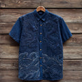 Spretix Premium Navy Blue Dragon & Ocean Wave Embroidered Shirt for Men | Half Sleeve Casual Linen Blend Designer Shirt