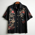 Spretix Premium Black Floral Embroidered Shirt for Men | Half Sleeve Casual Linen Blend Designer Resort Shirt