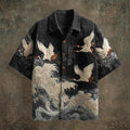 Spretix Premium Black Japanese Crane & Ocean Wave Art Shirt for Men | Half Sleeve Casual Designer Button-Down Shirt